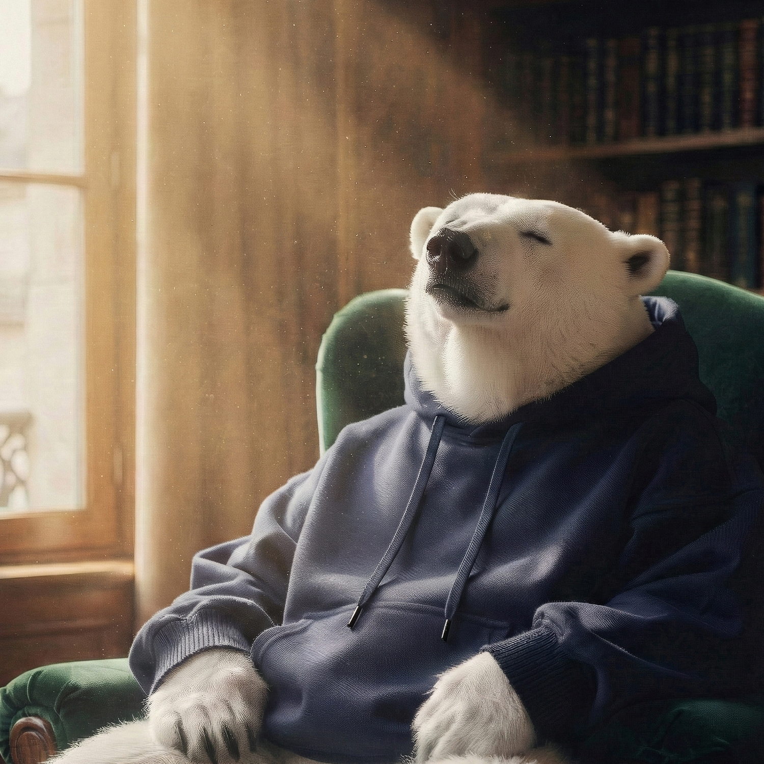 Polar bear wearing a hoodie sitting in a chair in a room with bookshelves.